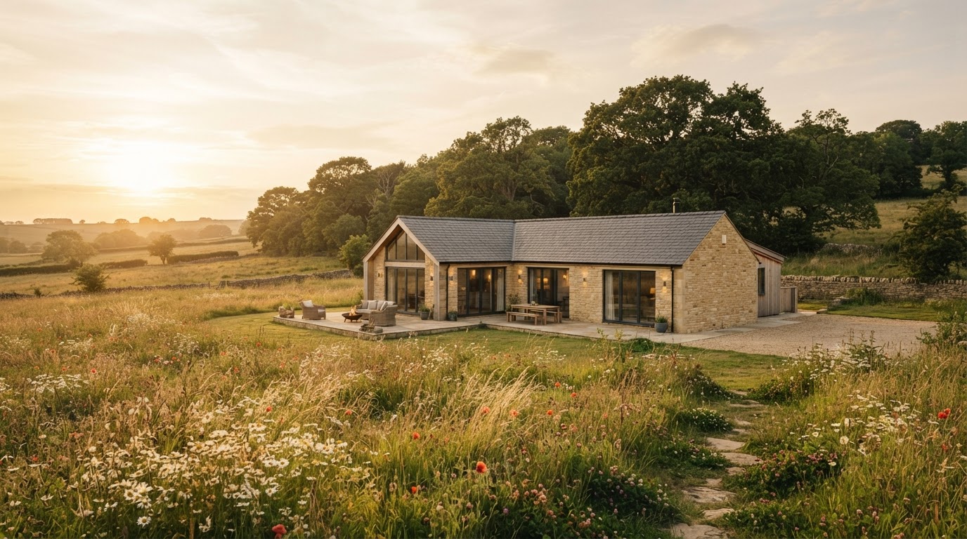 A restored countryside farmhouse at golden hour